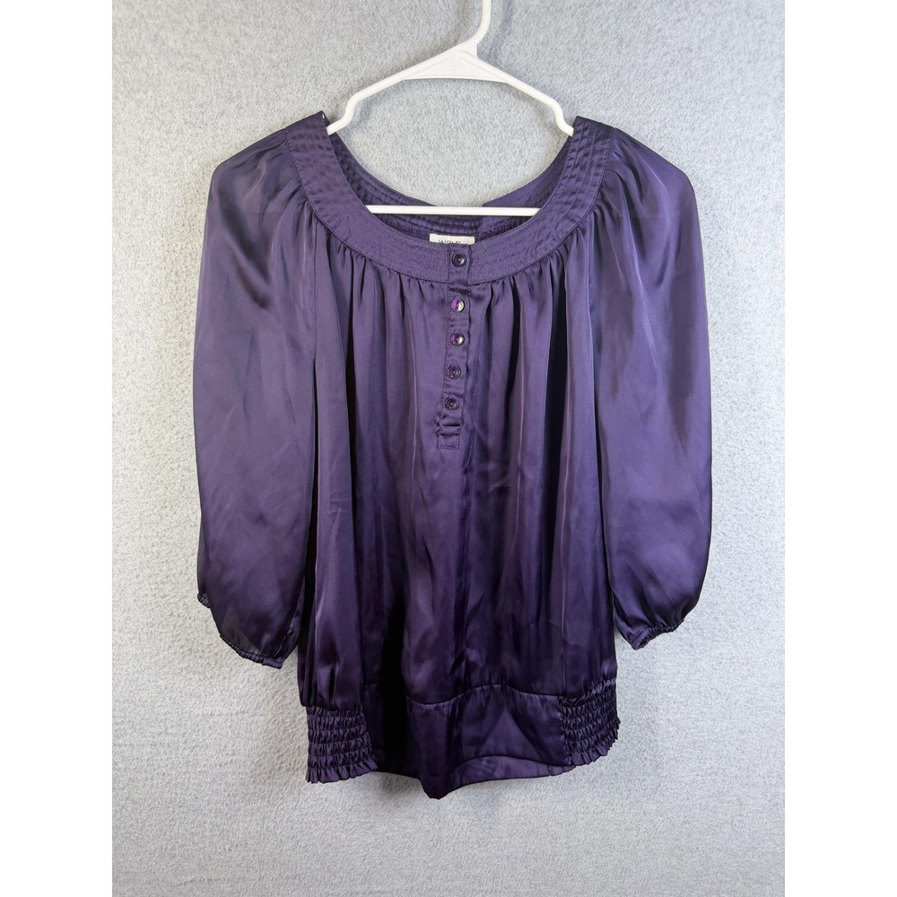 Jaipur Blouse Womens Medium Purple Satin 3/4 Sleeve Scoop Neck Tunic Top Peasant